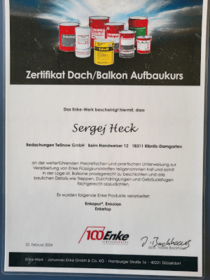 Zertifikat Dach/Balkon Aufbaukurs Sergej Heck