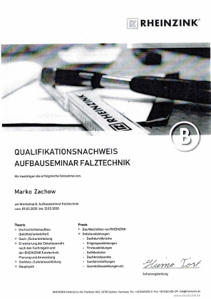 Qualifikationsnachweis Aufbauseminar Falztechnik Rheinzink Marko Zachow