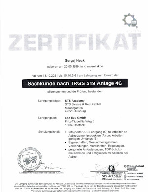 Sachkunde nach TRGS 519 Anlage 4C Sergej Heck