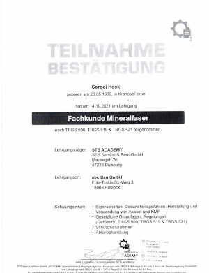 Fachkunde Mineralfaser nach TRGS 500 TRGS 519 und TRGS 521 Sergej Heck