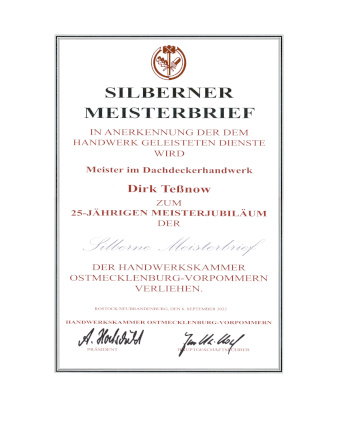 Silberner Meisterbrief Dirk Te&szlig;now